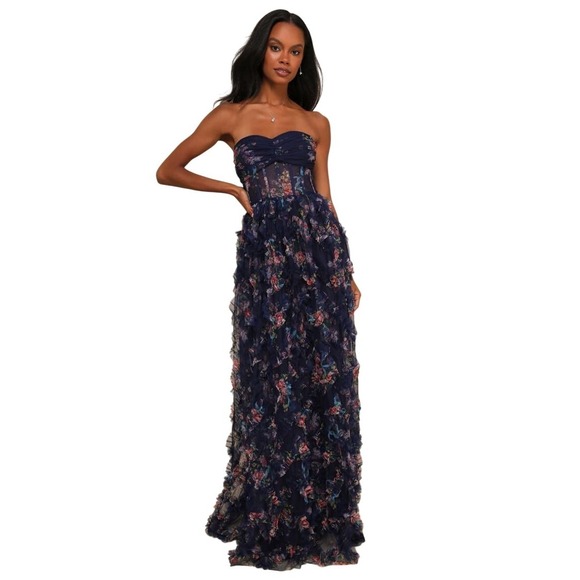 Dressalisa Dresses & Skirts - Dressalisa Maxi‎ Gown Womens S Navy Gently Used Floral Corset Tiered Ruffle Mesh